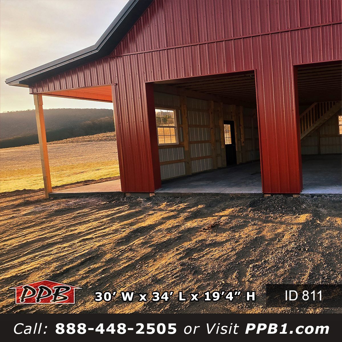 Pennsylvania pole barn garage front view red metal siding