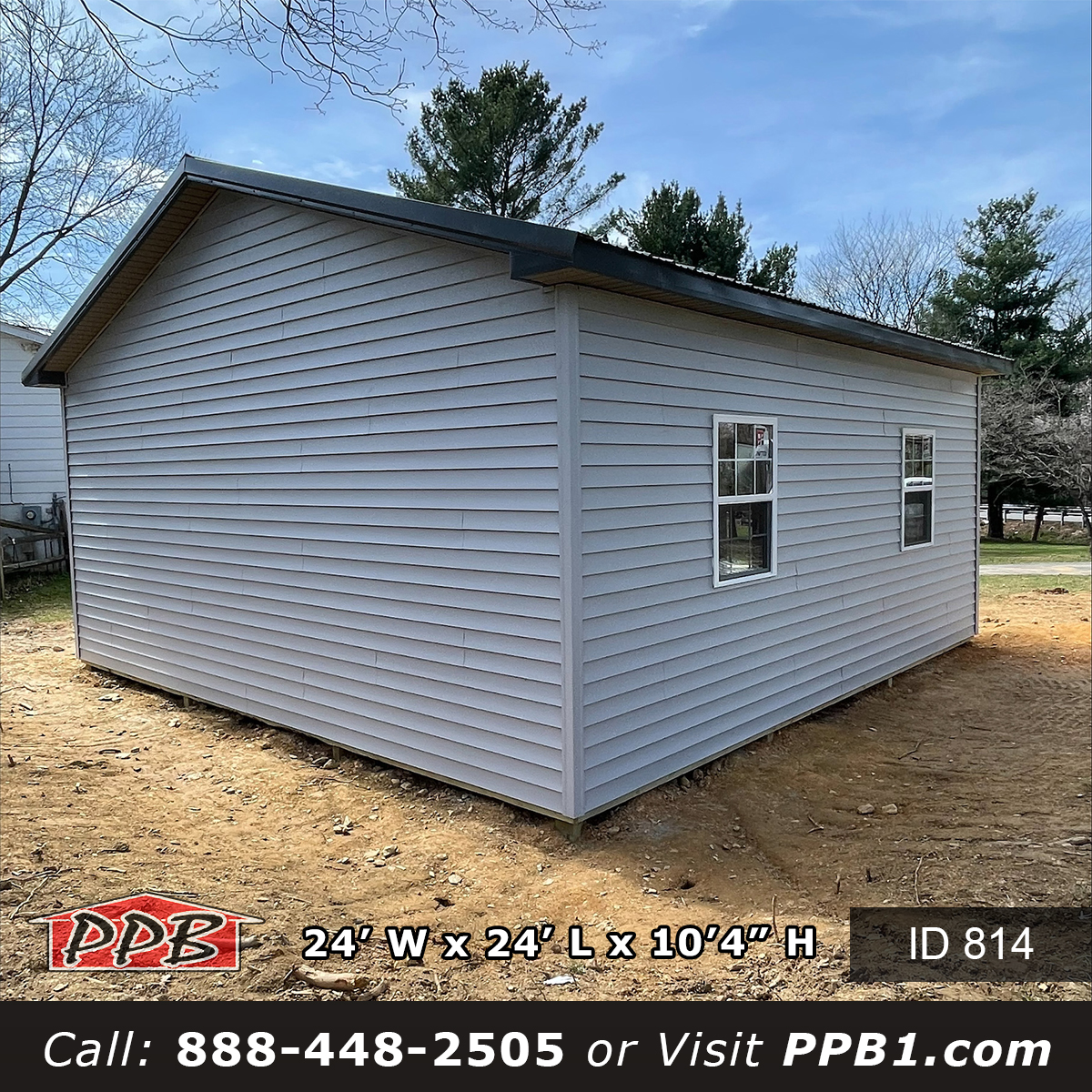 24x24 pole garage gable end with two 9x8 overhead door openings on a Maryland lot