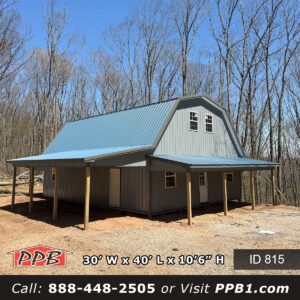 815 30x40x10gambrel pole building exterior with Ocean Blue roof and three lean-tos