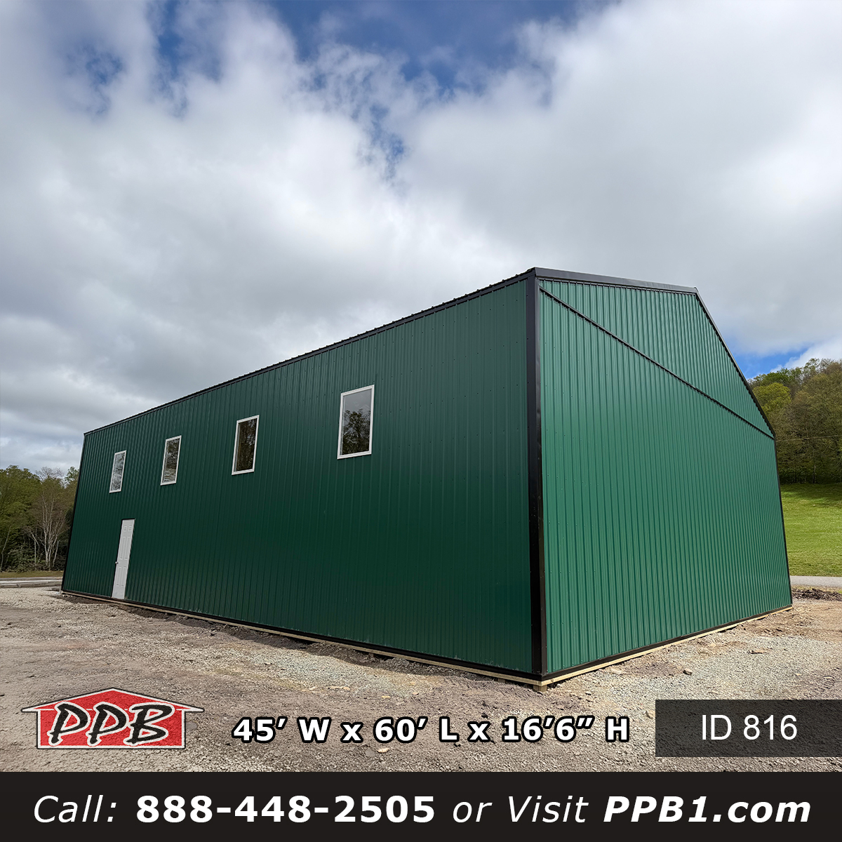 816 45x60x16 sidewall elevation with high-set windows and steel entry door