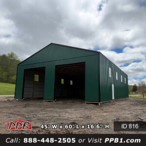 816 45x60x16 clear span pole barn exterior with Ivy green siding and black trim