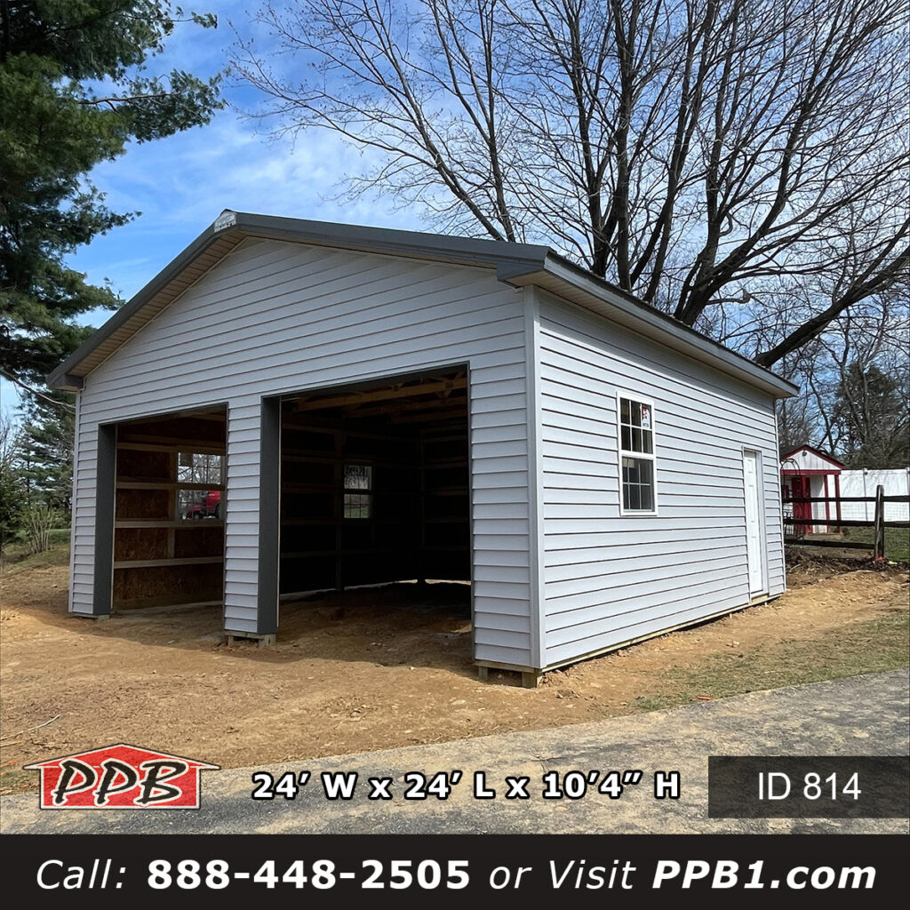 814 (24’Wx24’Lx10’H) 9 814 24x24x10 insulated pole barn garage in Maryland with gray vinyl siding and charcoal roof