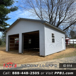 814 24x24x10 insulated pole barn garage in Maryland with gray vinyl siding and charcoal roof