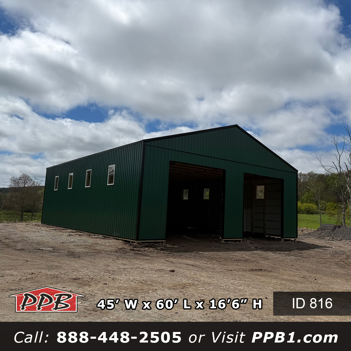 45x60 large pole building gable end with two 14-foot overhead door openings