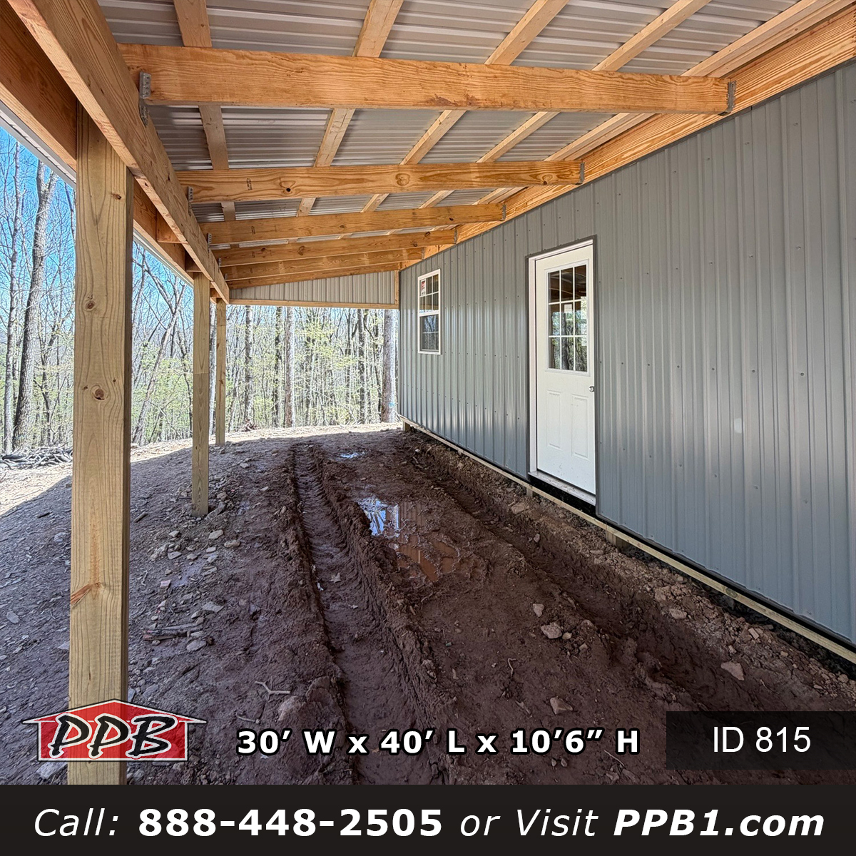Gambrel pole building eave lean-to with concrete pad missing