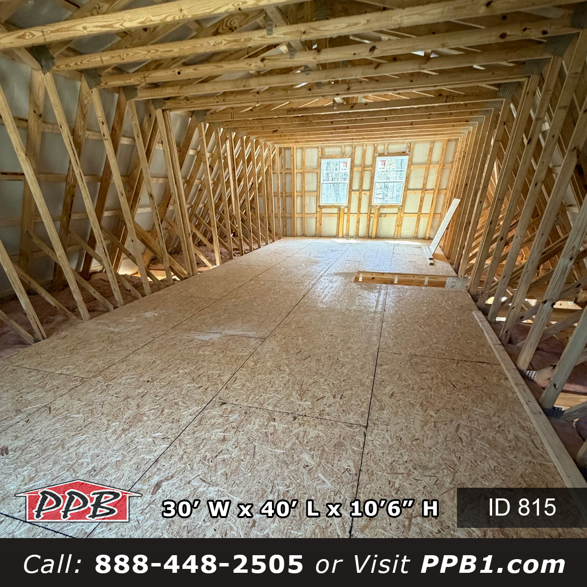 30x40 gambrel pole barn attic interior with decked tongue-and-groove floor