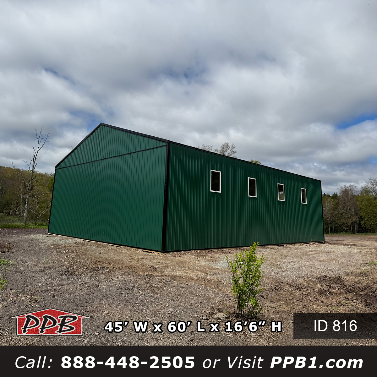 816 45x60x16 clear span pole barn exterior with Ivy green siding and black trim