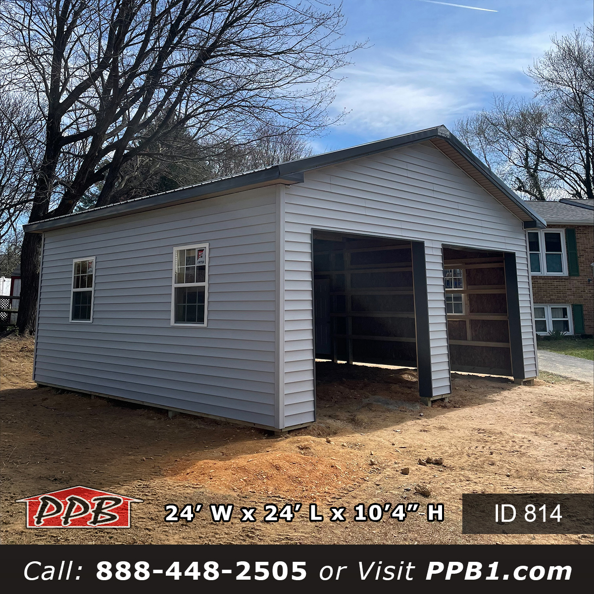 Two car residential garage in Maryland with two open door openings and a side entry door