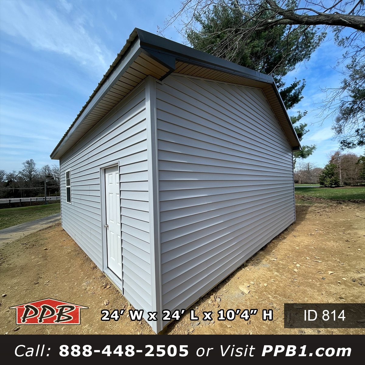Vinyl sided pole garage side wall with white fiberglass entry door and single hung window