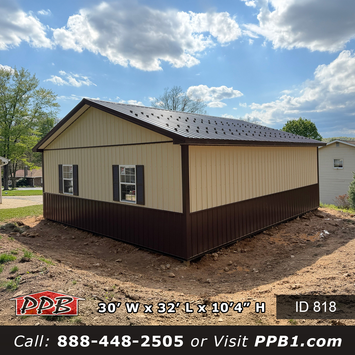 30x32 pole barn garage rear gable corner Brown roof snow guards beige two-tone siding Pennsylvania