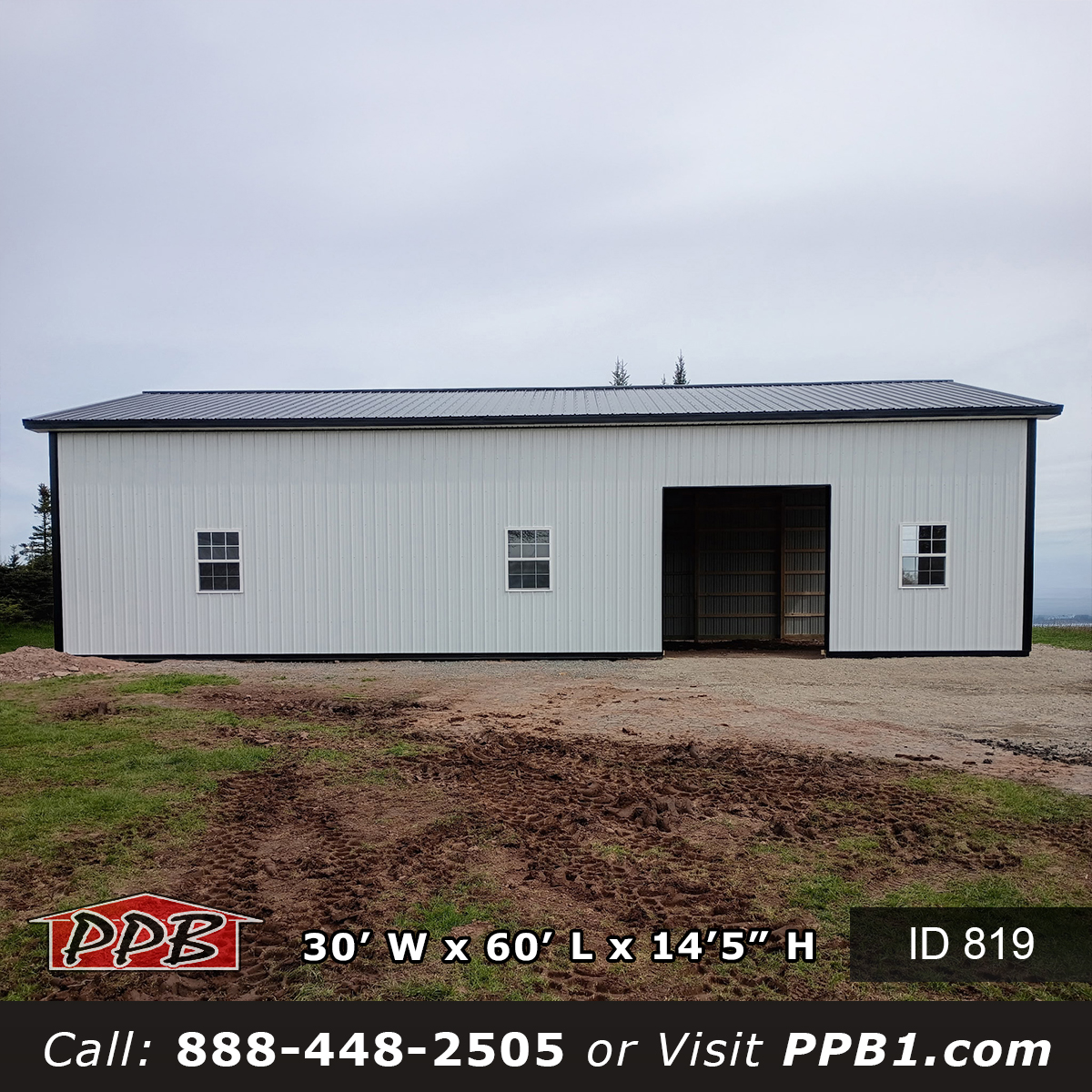 819 30x60x14 eave side pole barn with concrete white siding four windows open bay New York