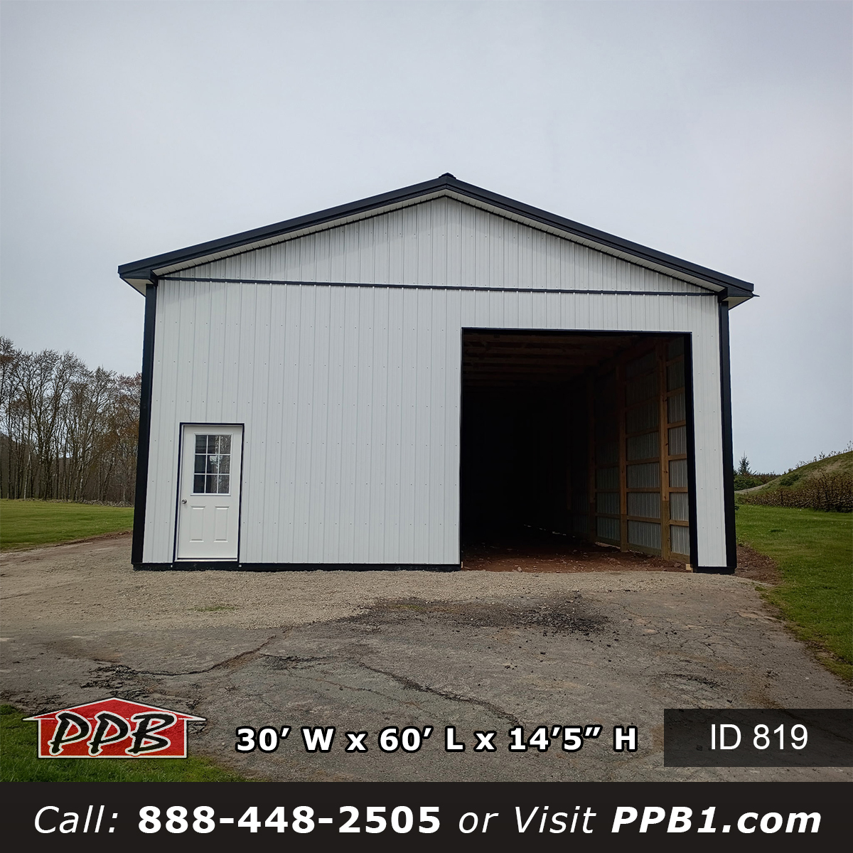 819 30x60x14 white pole building storage gable end with open bay and entry door New York