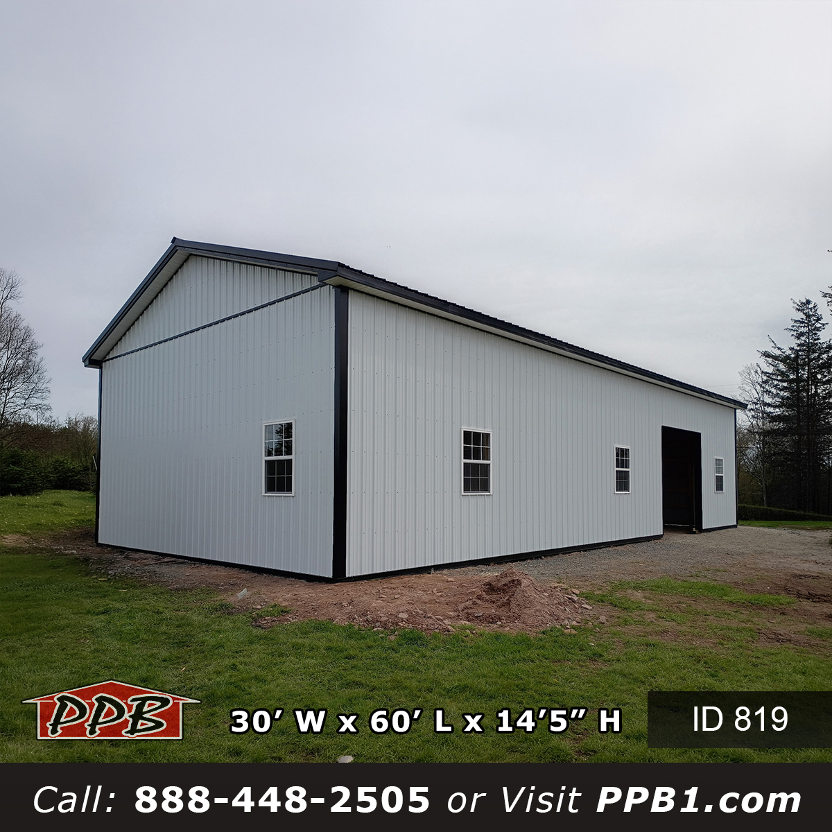 819 30x60x14 rear three-quarter angle white pole building storage rural New York