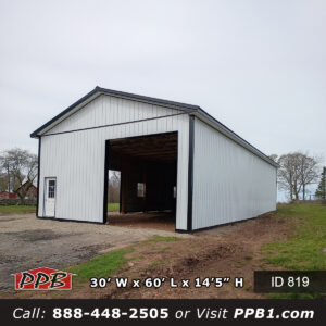819 30x60x14 three-quarter angle white pole barn black trim gable roof open bay New York