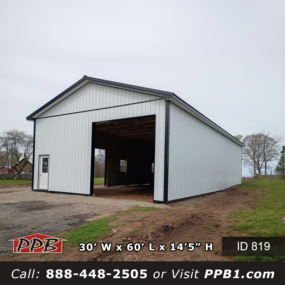819 30x60x14 three-quarter angle white pole barn black trim gable roof open bay New York