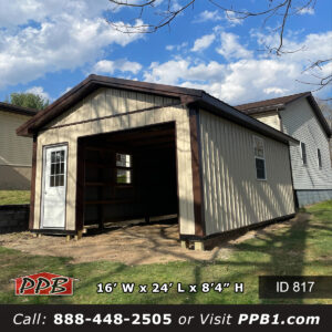 817 16x24x8 beige and brown detached garage at the front gable angle