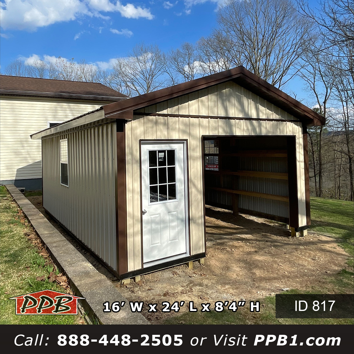 Beige pole garage front gable with white entry door and brown trim