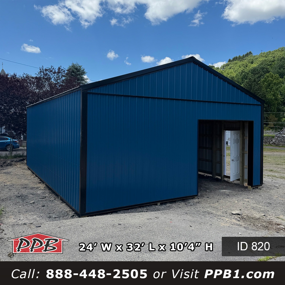 Heron Blue garage front elevation with entry door opening and Black trim Pennsylvania