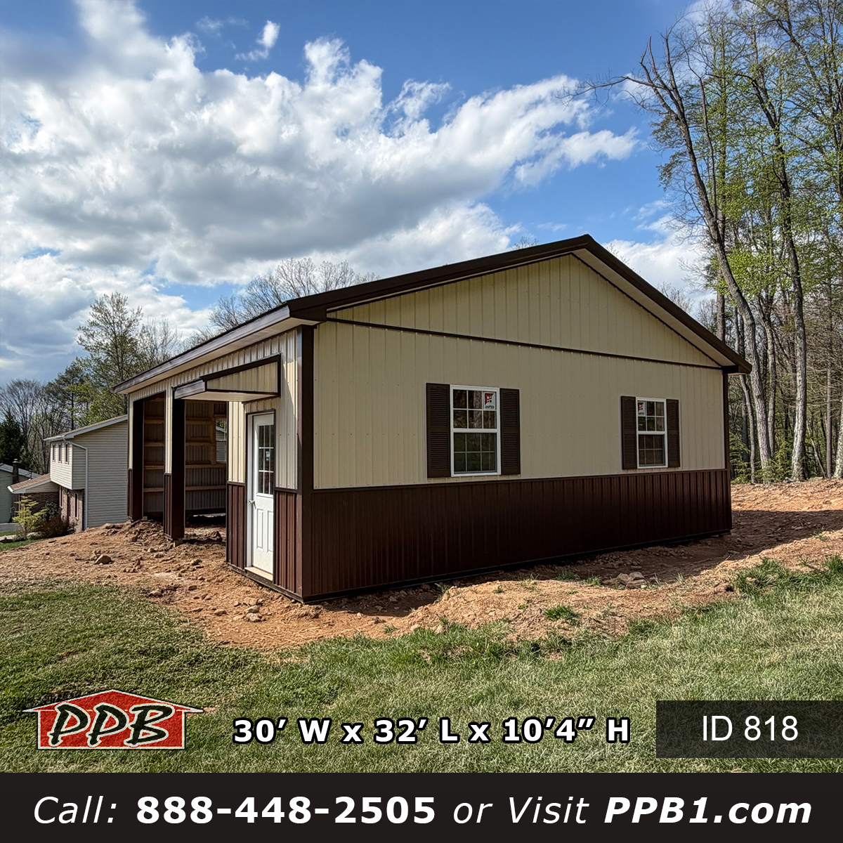 pole barn garage front eave side entry door eyebrow overhang white fiberglass brown overhead door bays Pennsylvania
