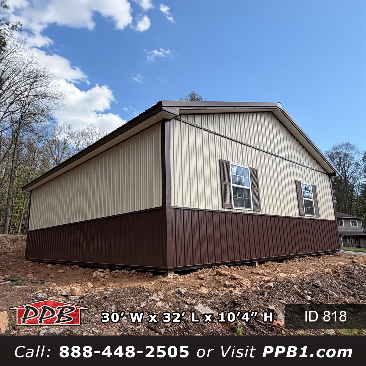 pole barn garage eave side rear corner Brown gutter beige siding French roast shutters Pennsylvania