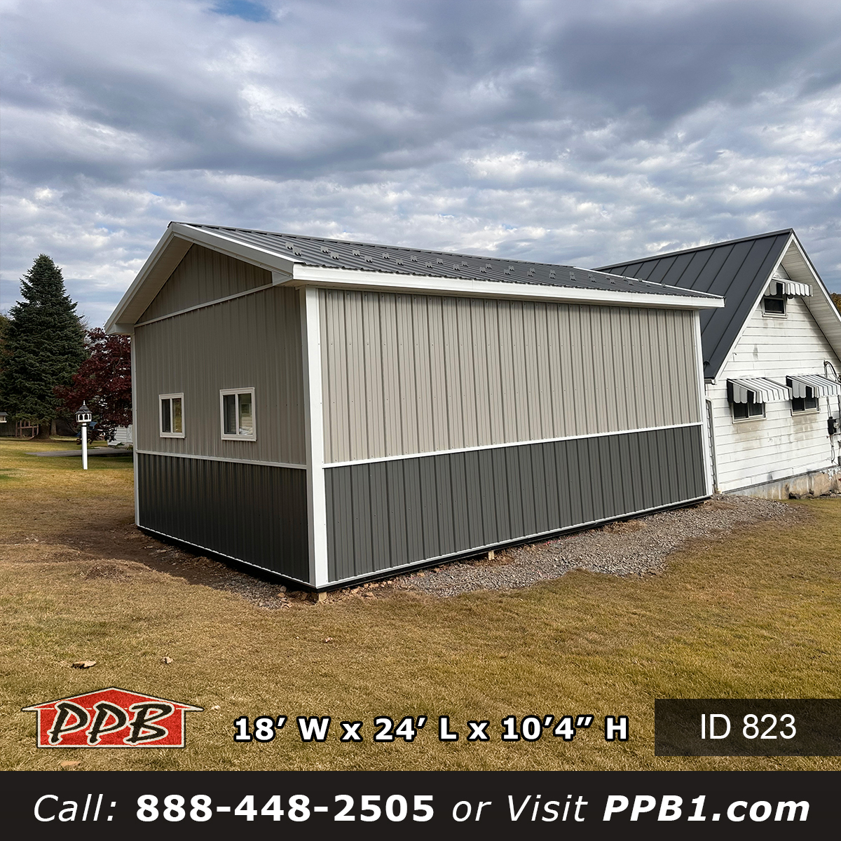 823 18x24x10 garage side elevation with two-tone siding and white gutters