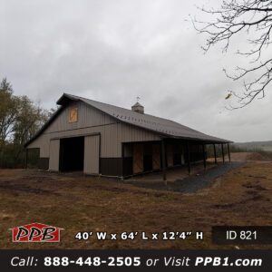 821 40x64x12 Pennsylvania equestrian pole barn with stall doors and covered lean-to