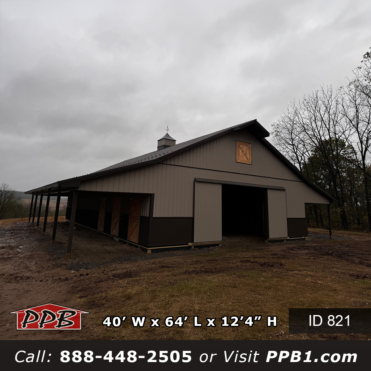 Scissor truss barn gable end with layered slider and overhead door