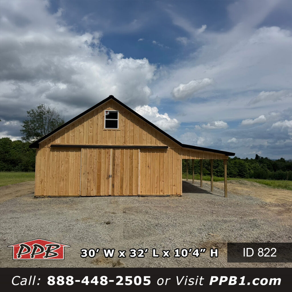 822 (30’Wx32’Lx10’H) 1 822 30x32x10 pole barn gable end with split slider and lean-to