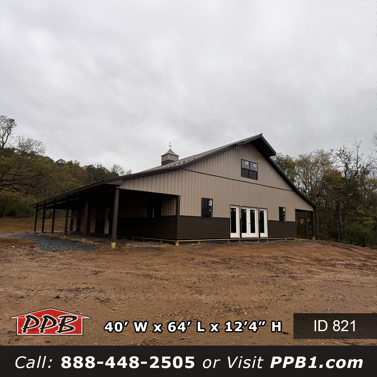 40x64 equestrian horse barn exterior with lean-to porches both gables