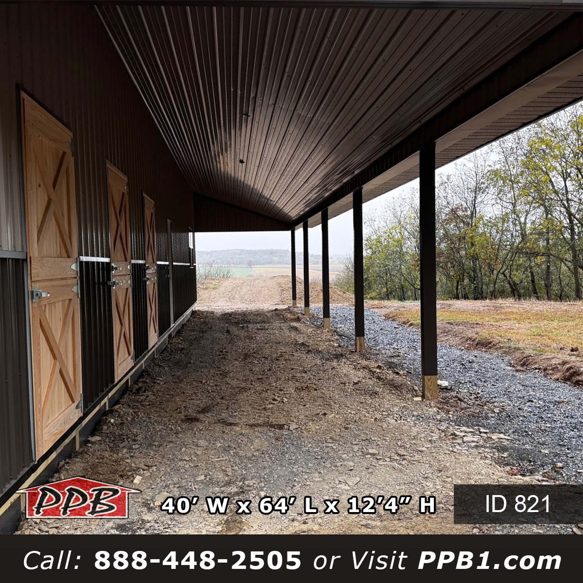 Equestrian pole barn lean-to porch columns and stall doors