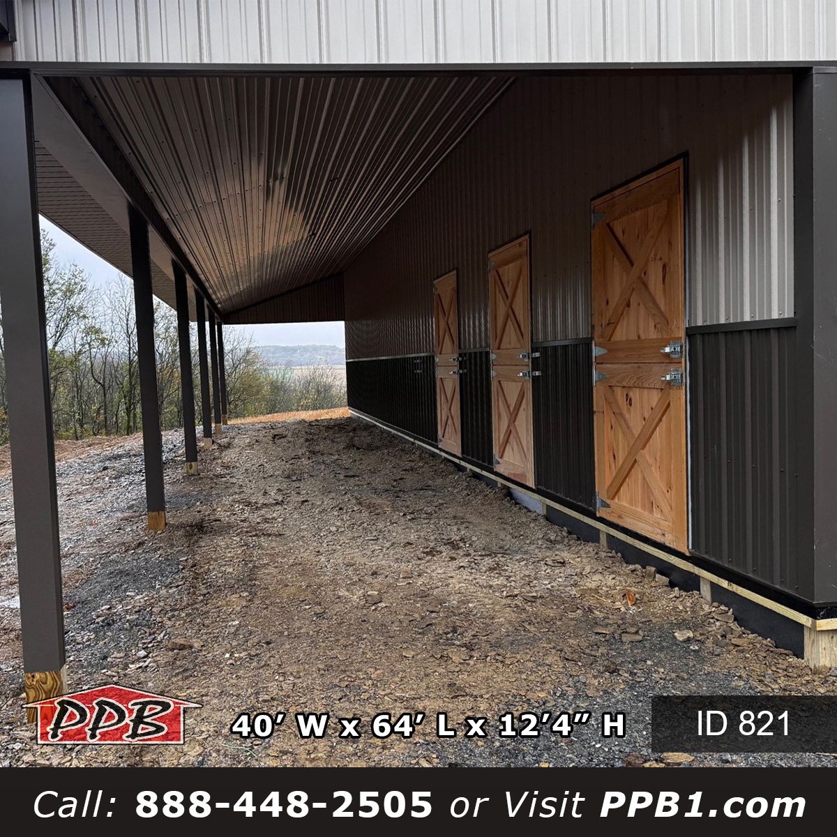 Equestrian pole barn lean-to porch with pine Dutch doors