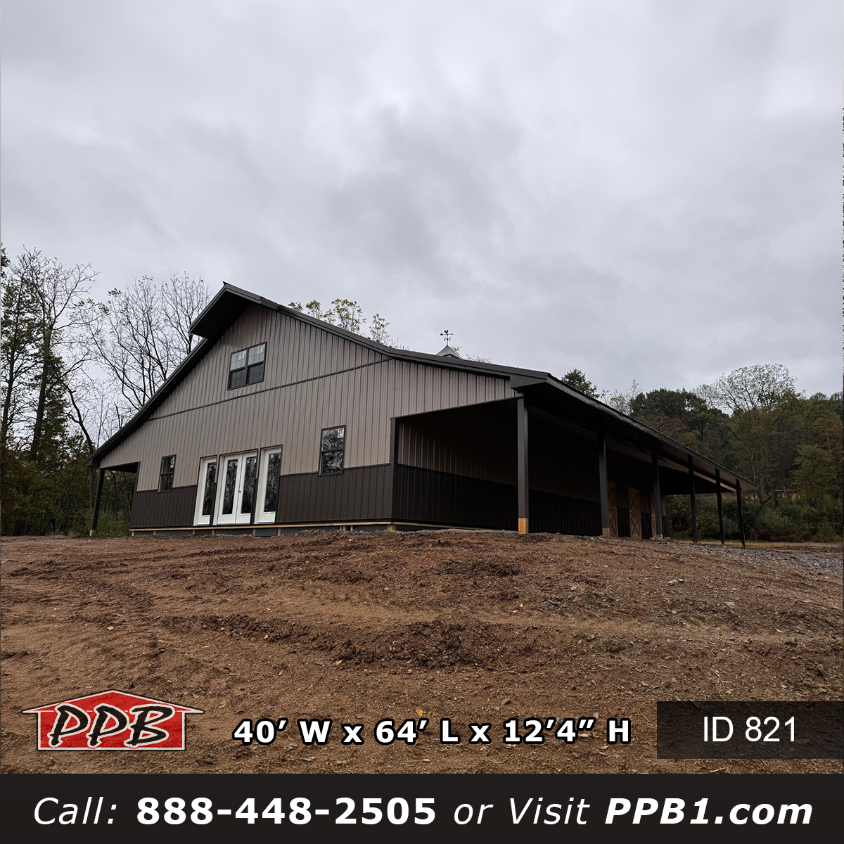40x64 equestrian pole barn exterior with Clay and Bronze two-tone siding