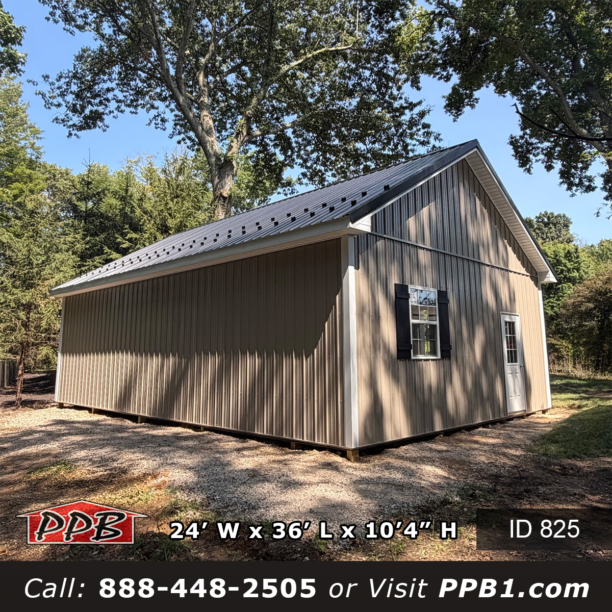 825 24x36x10 pole barn garage gable end with entry door and shutters