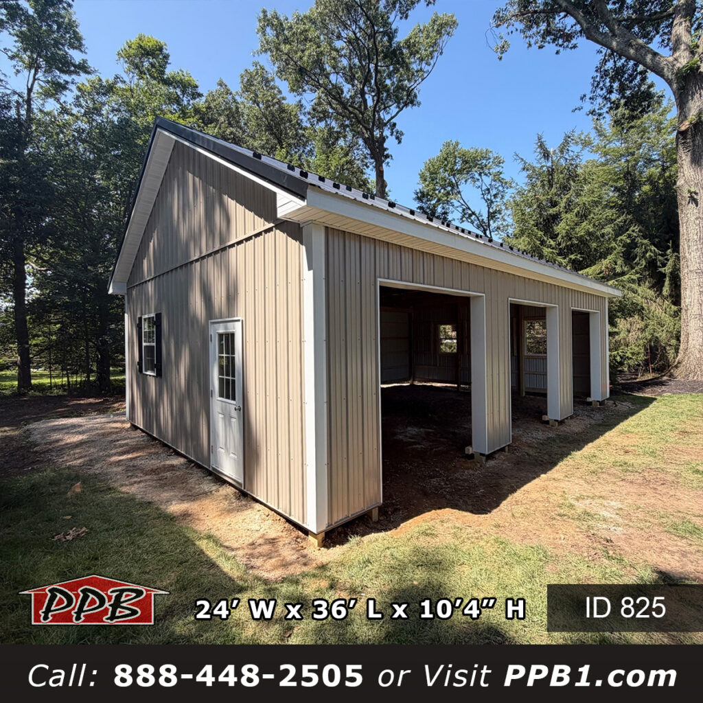 825 (24’Wx36’Lx10’H) 2 825 24x36x10 pole barn garage front three-quarter view before overhead doors installed
