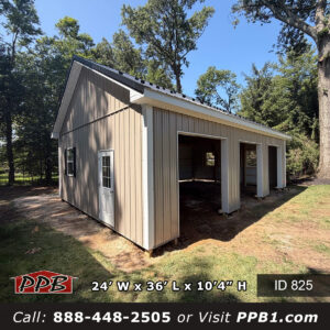 825 24x36x10 pole barn garage front three-quarter view before overhead doors installed