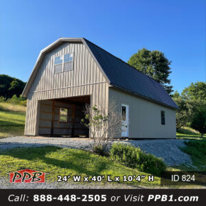 824 24x40x10 gambrel barn exterior with Clay siding before overhead door installation