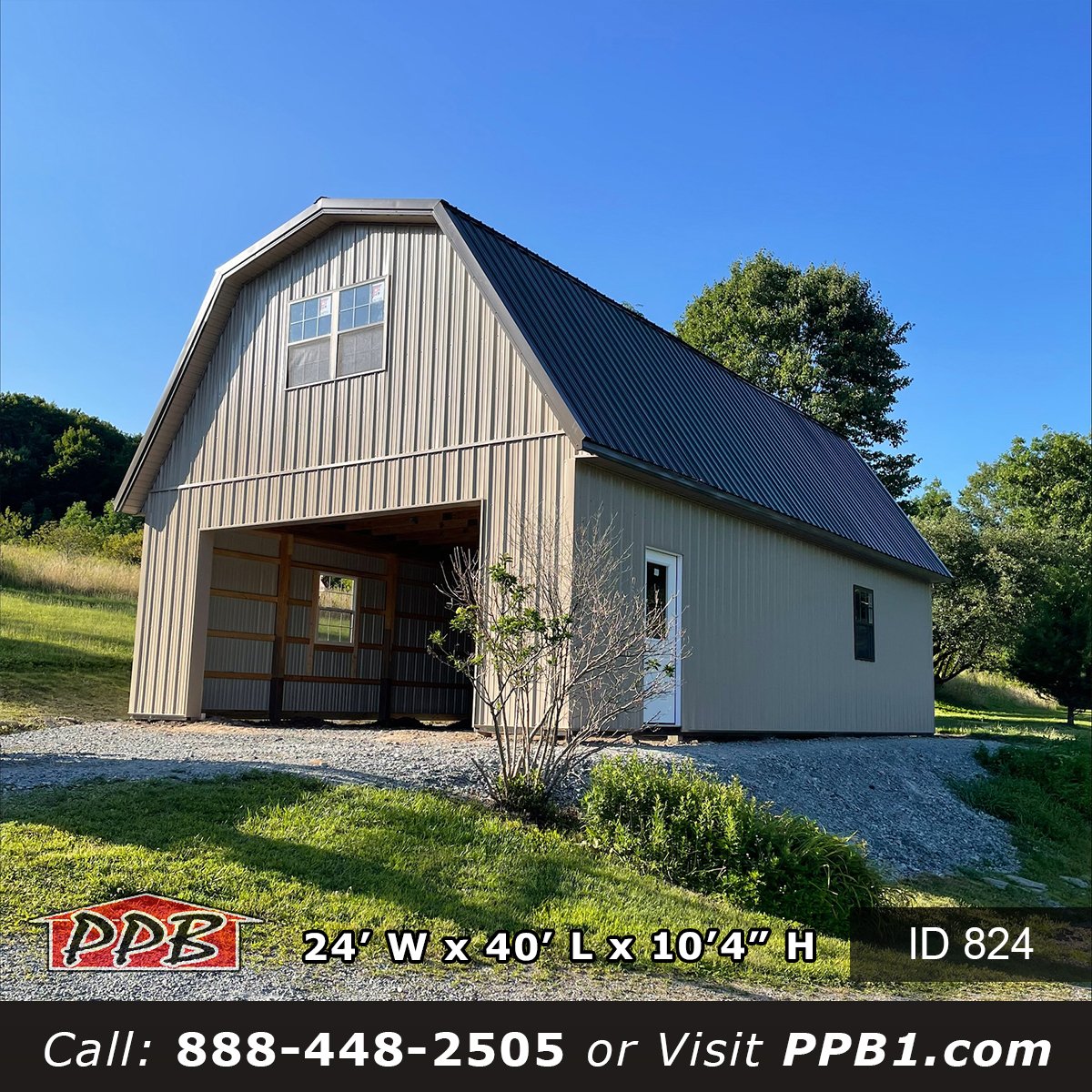 824 24x40x10 gambrel barn exterior with Clay siding before overhead door installation