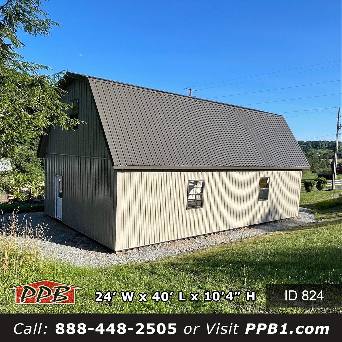 824 24x40x10 rear elevation with entry door and single hung windows