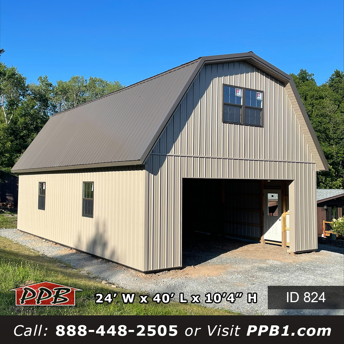 824 24x40x10 gambrel barn gable end with upper story windows