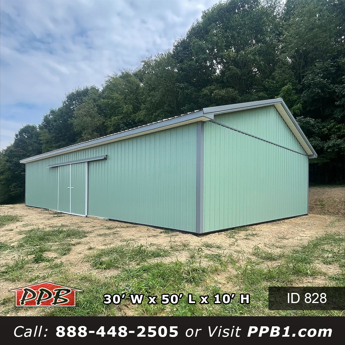 828 30x50x10 green pole barn with split slider door on the eave wall