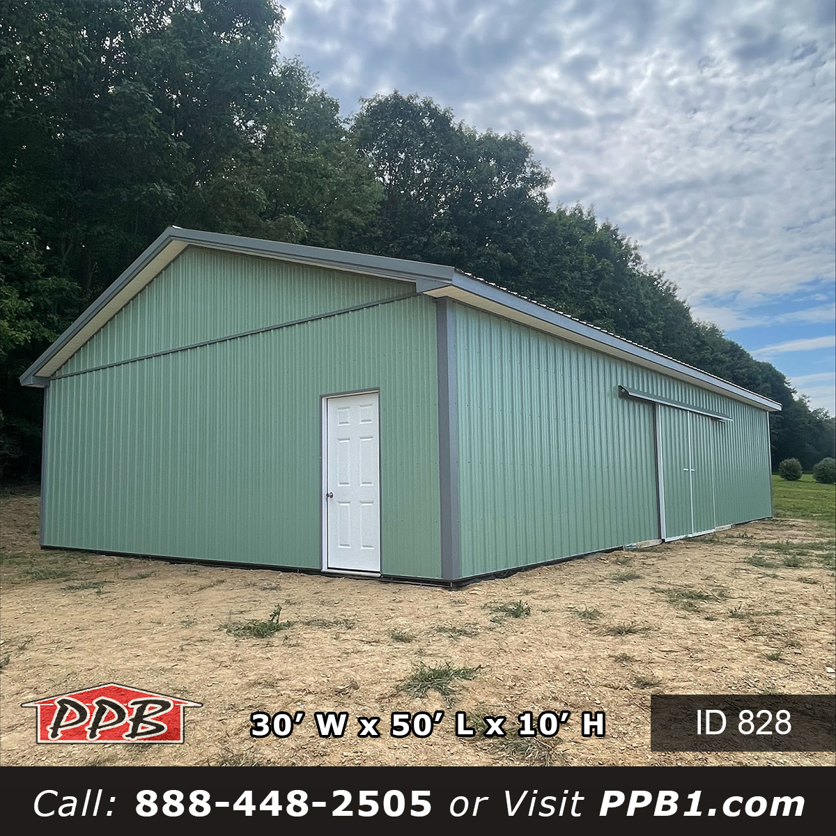 828 30x50x10 storage building with entry door and split slider