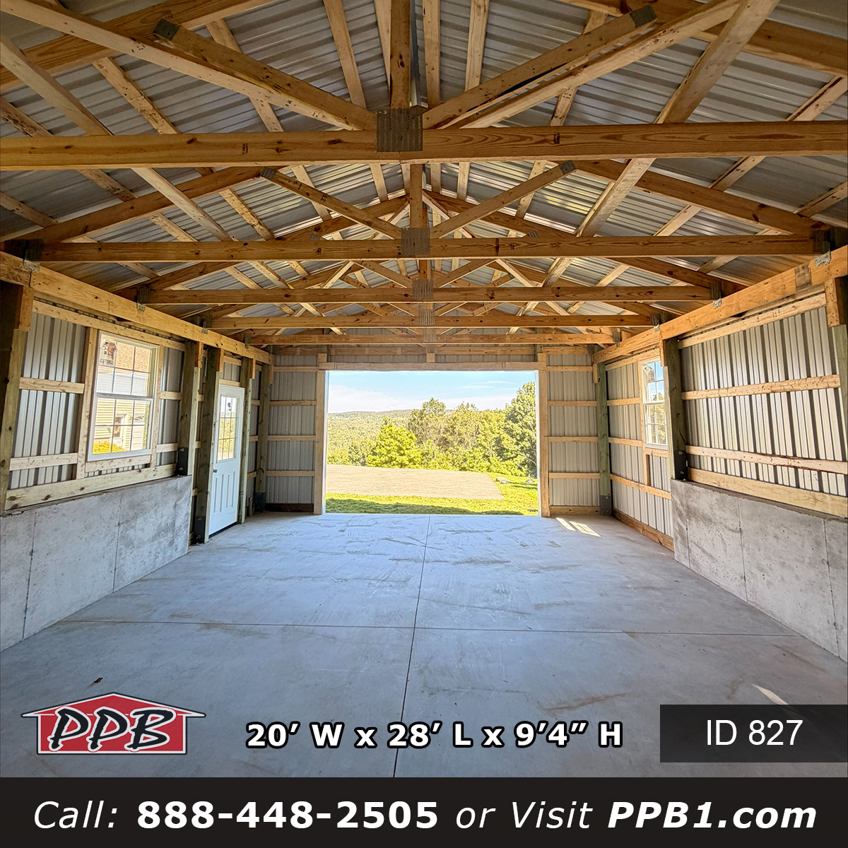 827 20x28x9 interior view through the open gable toward the tree line