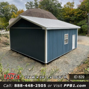 Blue steel detached garage with white entry door and one window on the long wall, built by NJ garage builders