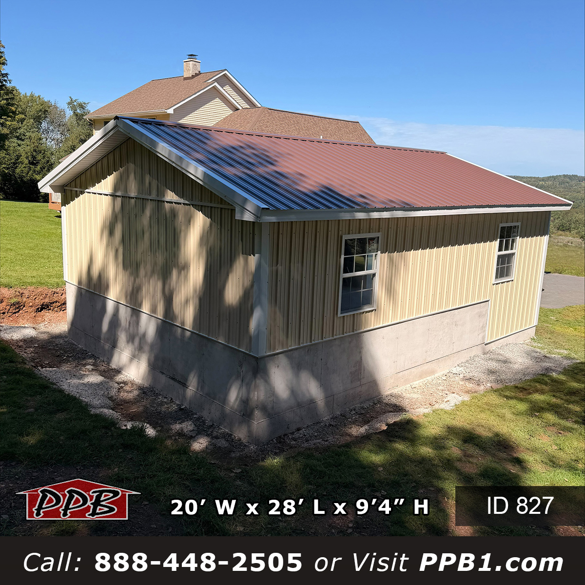 827 20x28x9 rear elevation with Brown roof and concrete knee wall