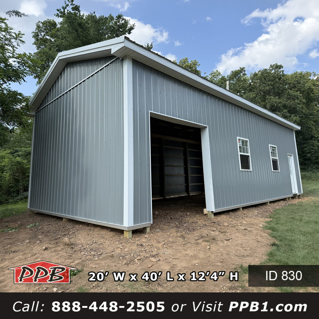 830 20x40x12 slate pole barn garage with white trim and an open eave door opening on the long wall