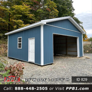 829 24x24x10 blue steel post frame garage with white trim and open 16 foot door opening in New Jersey